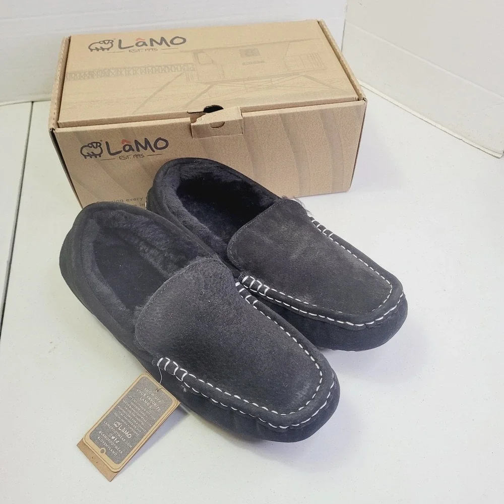 Lamo Men's Moccasin Slippers Size 11 Black Suede Faux Fur Lined House Shoes